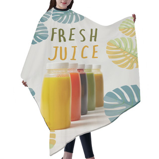 Personality  Organic Detox Smoothies In Bottles Standing In Row, Fresh Juice Inscription Hair Cutting Cape
