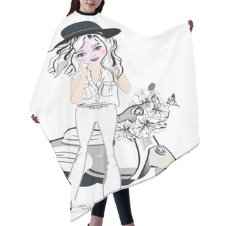 Personality  Sketch Of A Cute Fashion Girl With Her Pet  And Flowers. Hand Drawn Vector Illustration. Hair Cutting Cape
