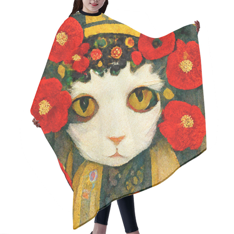 Personality  Portrait Of A Cat With Poppies Around. Painted In Art Nouveau Design Hair Cutting Cape