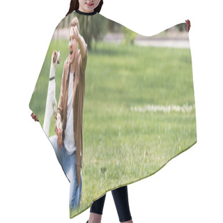 Personality  Horizontal Image Of Excited Man Playing With Jack Russell Terrier In Park  Hair Cutting Cape