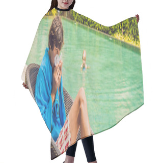 Personality  Sick Man Traveler. The Man Caught A Cold On Vacation, Sits Sad At The Pool Drinking Tea And Blows His Nose Into A Napkin. BANNER, Long Format Hair Cutting Cape