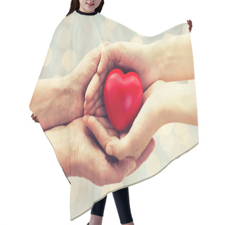 Personality  Senior And Young Woman Hands Holding Red Heart Hair Cutting Cape