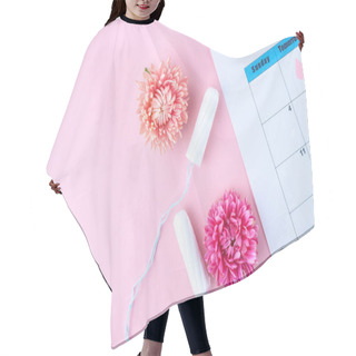 Personality  Regular Menstrual Cycle. Tampons, Women's Calendar, Flowers On A Pink Background. Hygiene Care During Critical Days. Women's And Gynecological Health Care. Hygiene Hair Cutting Cape