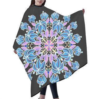 Personality  Blue Lilies With Pink And Yellow Elements On Black Isolated Background. Floral Decorative Mandala. Hair Cutting Cape