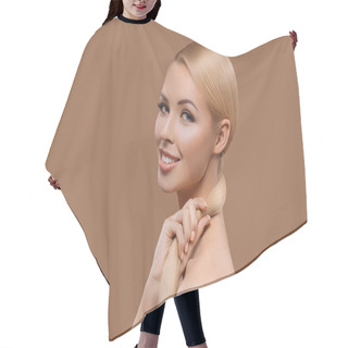 Personality  Side View Of Smiling Beautiful Blonde Hair Girl Isolated On Beige Hair Cutting Cape