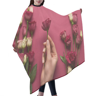 Personality  Cropped View Of Woman Holding Eustoma Flower In Hand On Ruby Background  Hair Cutting Cape