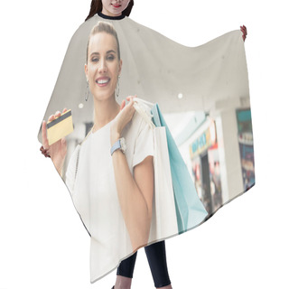 Personality  Beautiful Young Woman Holding Paper Bags And Credit Card, Smiling At Camera In Shopping Mall Hair Cutting Cape