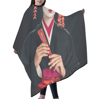 Personality  Partial View Of Geisha In Black Kimono With Red Flowers In Hair Holding Traditional Hand Fan Isolated On Black Hair Cutting Cape