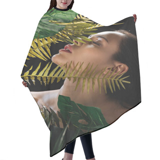 Personality  Sexy Girl With Closed Eyes Near Monstera And Fern Green Leaves Isolated On Black Hair Cutting Cape