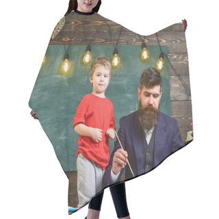 Personality  Fatherhood Concept. Talented Artist Spend Time With Son. Teacher With Beard, Father Teaches Little Son To Draw In Classroom, Chalkboard On Background. Child Calm And Teacher Painting, Drawing Hair Cutting Cape