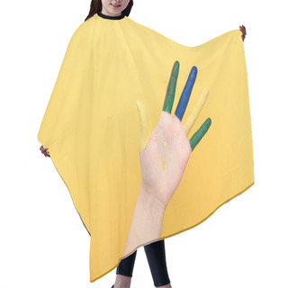 Personality  Cropped View Of Woman Showing Colorful Five Fingers Isolated On Yellow  Hair Cutting Cape