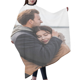 Personality  Happy Woman With Closed Eyes Hugging Boyfriend During Autumn Walk Hair Cutting Cape