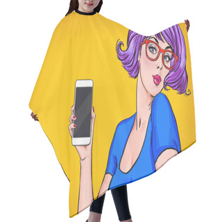 Personality  Girl With Smart-phone In The Hand In Comic Style. Girl With Phone. Girl Showing The Mobile Phone.Girl In Glasses. Hipster Girl Making Selfie.Sexy Violet Hair Girl With Cellphone. Digital Advertisement Hair Cutting Cape