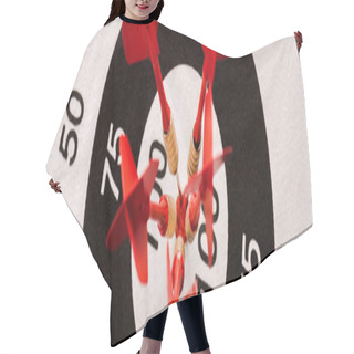 Personality  Panoramic Shot Of Black And White Dartboard With Red Arrows  Hair Cutting Cape