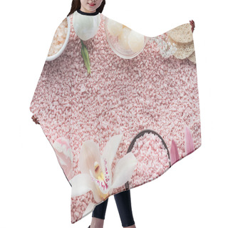 Personality  Top View Of Beautiful Orchid Flowers, Handmade Soap, Sponges And Pink Sea Salt Hair Cutting Cape