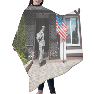 Personality  Military Servicewoman With Backpack Leaving House, Standing On Threshold Hair Cutting Cape