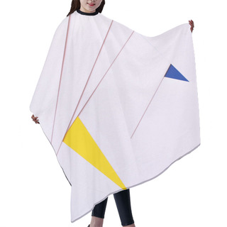 Personality  Background With Violet Paper Sheets Near Blue And Yellow Triangles, Ukrainian Concept Hair Cutting Cape
