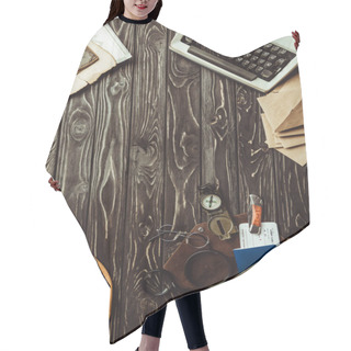 Personality  Flat Lay With Typing Machine, Envelopes, Hat, Bag With Magnifying Glasses, Passport, Ticket And Pocket Knife On Dark Wooden Surface Hair Cutting Cape