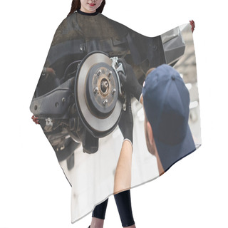Personality  Back View Of Mechanic In Rubber Gloves Touching Car Brake And Fixing Vehicle  Hair Cutting Cape