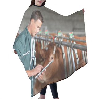 Personality  Cow Breeder Using Touchpad Inside The Barn Hair Cutting Cape