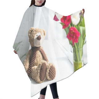 Personality  Selective Focus Of Teddy Bear And Bouquet Of Tulips In Vase O Window Sill At Home Hair Cutting Cape