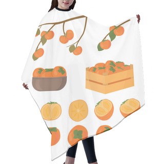 Personality  Set Of Persimmon Fruit. Half Cutted And Whole Piece. Kaki In Box And In Bowl Plate. Branch Of Persimmons Tree With Leafs Ripe In Autumn And Raw. Vector Cartoon Illustration For Korean Chuseok Holiday. Hair Cutting Cape