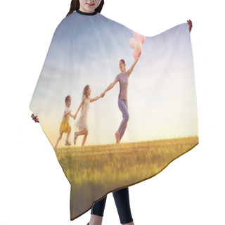 Personality  Happy Loving Family Is Having Fun On Nature In The Summer. Young Mother And Two Daughters Are Laughing And Playing On Meadow At Sunset Background.  Hair Cutting Cape