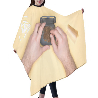 Personality  Cropped View Of Man Using Tobacco Box Isolated On Yellow Hair Cutting Cape