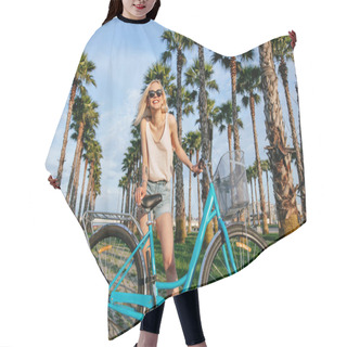 Personality  Woman Standing Near Rented Bicycle In Park. Summer And Lifestyle Hair Cutting Cape