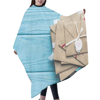 Personality  Top View Of Wooden Blue Background With Envelopes And Heart Hair Cutting Cape