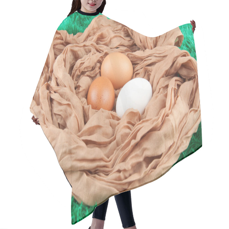 Personality  Beige, brown, white chicken eggs in nest made of cloth sack on green background hair cutting cape