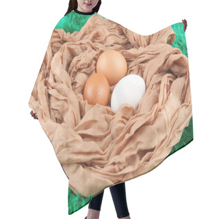 Personality  Beige, Brown, White Chicken Eggs In Nest Made Of Cloth Sack On Green Background Hair Cutting Cape