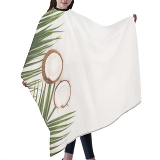 Personality  Top View Of Coconut Halves Near Palm Leaves On White Background With Copy Space Hair Cutting Cape