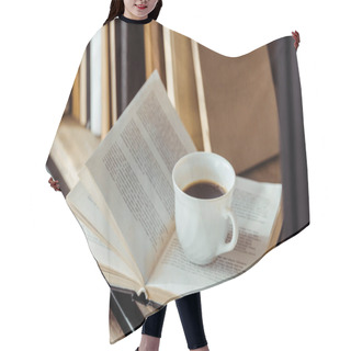 Personality  Close Up Of Open Book With Cup Of Coffee On Bookshelf Hair Cutting Cape