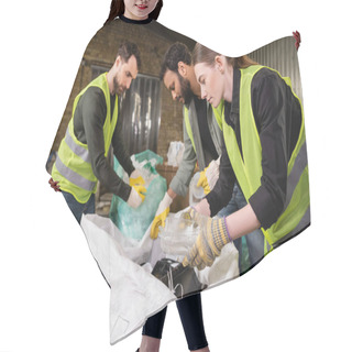 Personality  Young Worker In Safety Vest And Gloves Separating Plastic Trash For Recycling Near Sack And Blurred Interracial Colleagues Working In Waste Disposal Station, Garbage Sorting And Recycling Concept Hair Cutting Cape