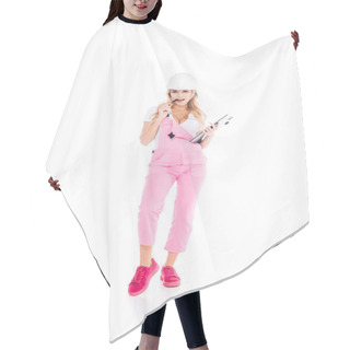 Personality  Handy Woman In Pink Overalls, Hardhat With Paper Clipboard Pen On White Background Hair Cutting Cape
