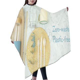 Personality  Zero Waste, Plastic-free, Eco-friendly Tableware Flat Lay Concept. Hair Cutting Cape