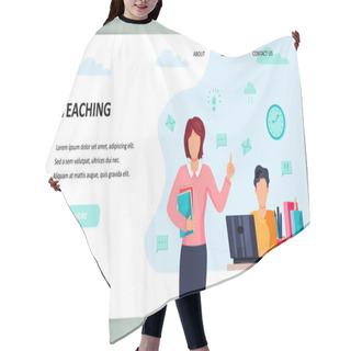 Personality  Female Teacher And Student Is Studing On Computer. Place For Text. Flat Cartoon Style Design Vector Illustration. Hair Cutting Cape