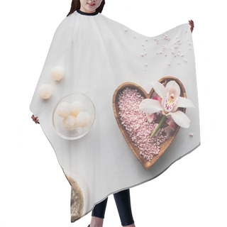 Personality  Top View Of White Orchid Flower And Pink Sea Salt In Heart Shaped Bowl On White Hair Cutting Cape