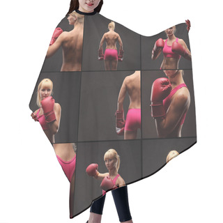 Personality  Young Sexy Girl Over Black Background With Boxing Gloves Collage  Hair Cutting Cape