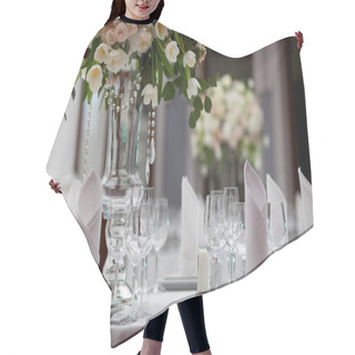 Personality  Table Setting At A Luxury Wedding Reception Hair Cutting Cape