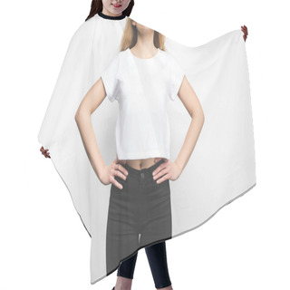 Personality  Stylish Young Woman In Blank T-shirt On White Hair Cutting Cape