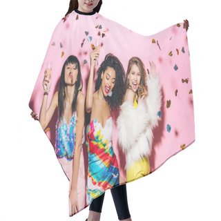 Personality  Excited Multicultural Girls Having Fun With Glasses Of Champagne On Pink With Confetti Hair Cutting Cape