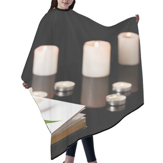 Personality  Lily, Candles And Holy Bible On Black Background, Funeral Concept Hair Cutting Cape
