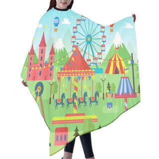 Personality  Amusement Park With Carousels, Roller Coaster And Air Balloons. Comic Circus, Fun Fair. Cartoon Carnival Theme Landscape Vector Illustration. Hair Cutting Cape