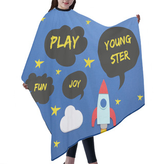 Personality  Clouds And Rocket On Blue Paper Background With Play, Joy, Fun And Youngster Words Hair Cutting Cape