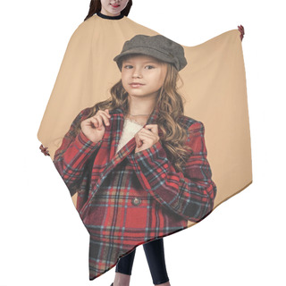 Personality  Kid In Cap With Stylish Hairstyle Wear Checkered Jacket, Childhood Hair Cutting Cape