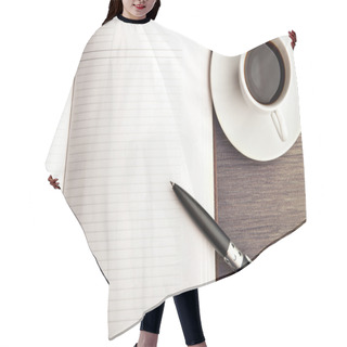 Personality  Open A Blank White Notebook, Pen And Coffee On The Desk Hair Cutting Cape
