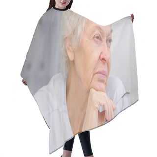 Personality  Thoughtful Aged Lady With Sad Eyes Wrinkly Face Alooks Aside Holding Glasses In Hand Hair Cutting Cape