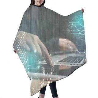 Personality  Cropped Shot Of Male Hacker Using Laptop And Tablet, Cyber Security Concept Hair Cutting Cape